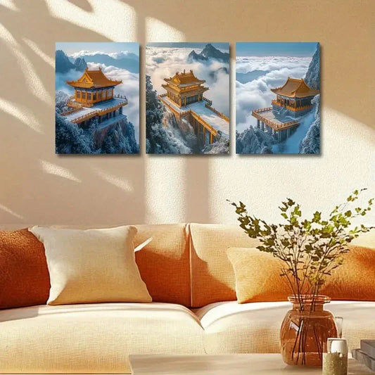 3pcs Golden Pagoda on Mountain Top with Clouds Metal Print Ready to Hang Art