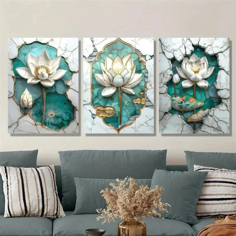 3pcs Lotus, light luxury style mural,, Metal Print Ready to Hang Art