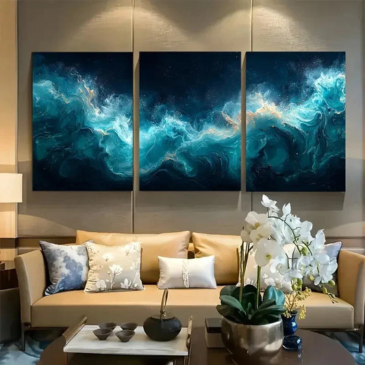 3pcs Moody Abstract Blue & Golden Floral Design Metal Print Ready to Hang Art