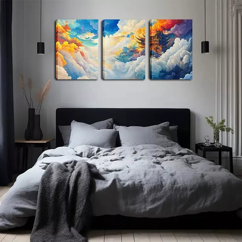 3pcs Vibrant Cloudscape with Traditional Asian Wall Art Set Canvas Framed 40x60cm - High Quality Print 100% Australian Made Wall Canvas Ready to Hang