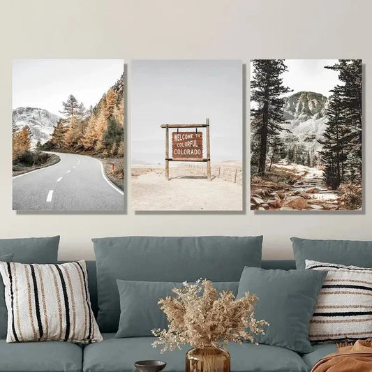 3pcs Forest Road & Mountain Scenery Photography Metal Print Ready to Hang Art