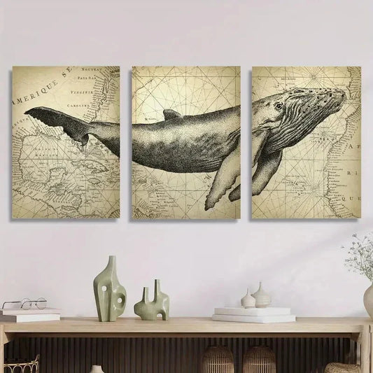 3pcs Vintage ocean animal humpback whale poster, Metal Print Ready to Hang Art