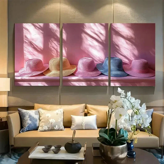 3pcs Soft Light Pink Hats Minimalist Design Metal Print Ready to Hang Art
