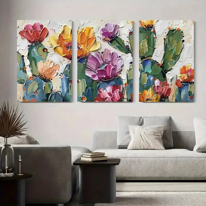 3pcs Vibrant Abstract Floral & Cactus Canvas Metal Print Ready to Hang Art