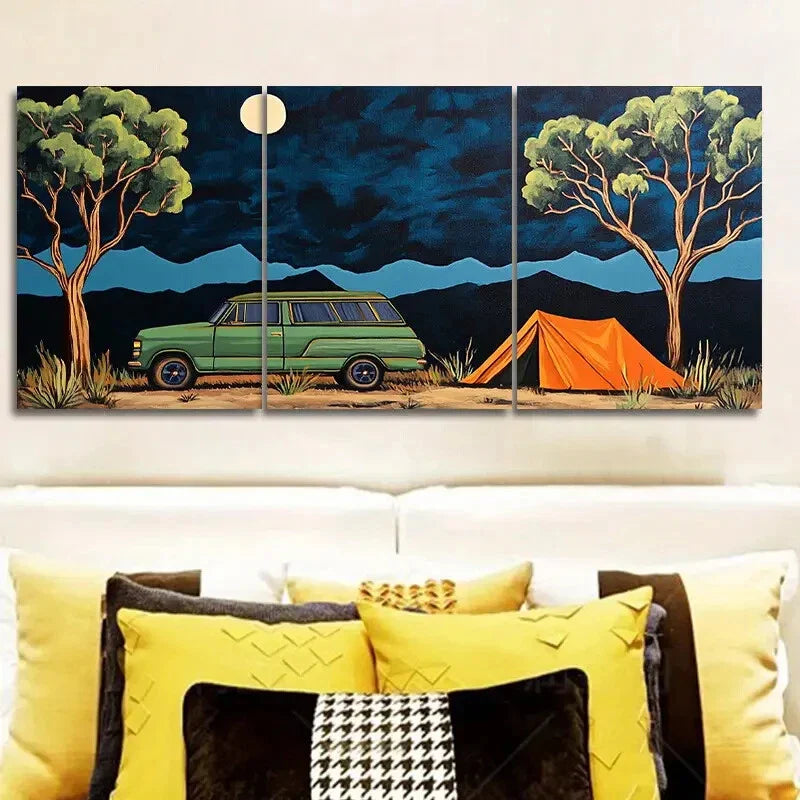 3pcs Green Station Wagon Art Painting Metal Print Ready to Hang Art