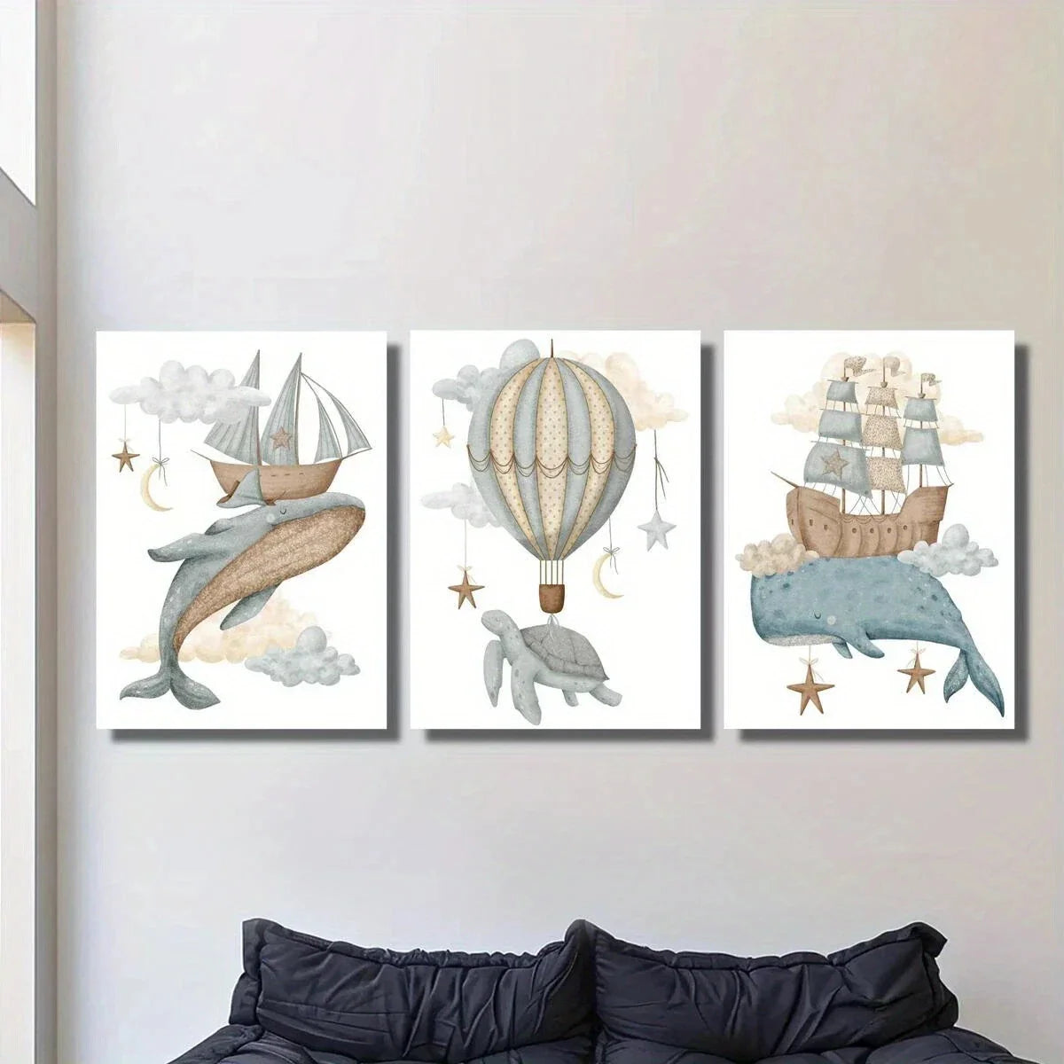 3pcs flying whales turtles and hot air balloons Metal Print Ready to Hang Art