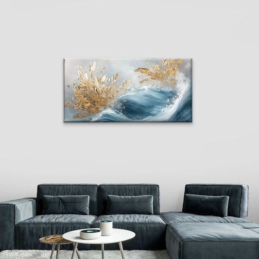 Waves Golden Leaves Wall Art Canvas Office Home Room Framed 80x45cm