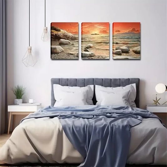 3pcs Refreshing, Seaside Stone, Red Sky Wall Art Set Canvas Framed 40x60cm - High Quality Print 100% Australian Made Wall Canvas Ready to Hang