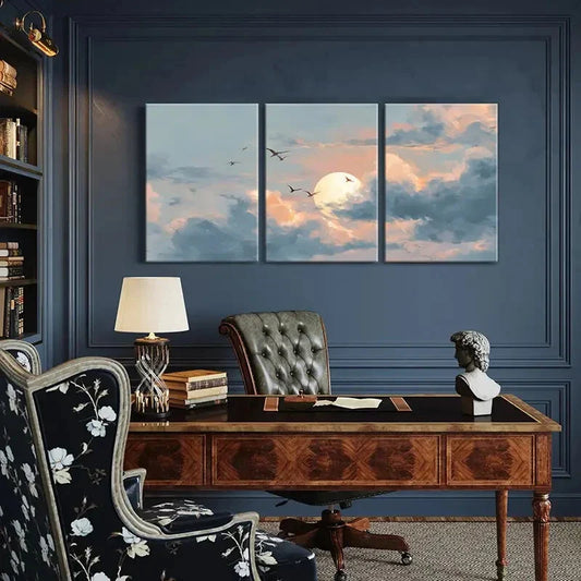 3pcs Sky Scene Birds Flying Full Moon Cloudy Metal Print Ready to Hang Art