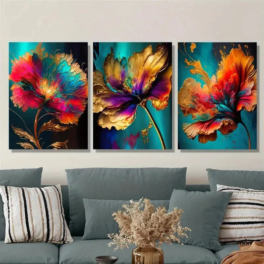 3pcs , Colorful flower art, gilt decorative Metal Print Ready to Hang Art