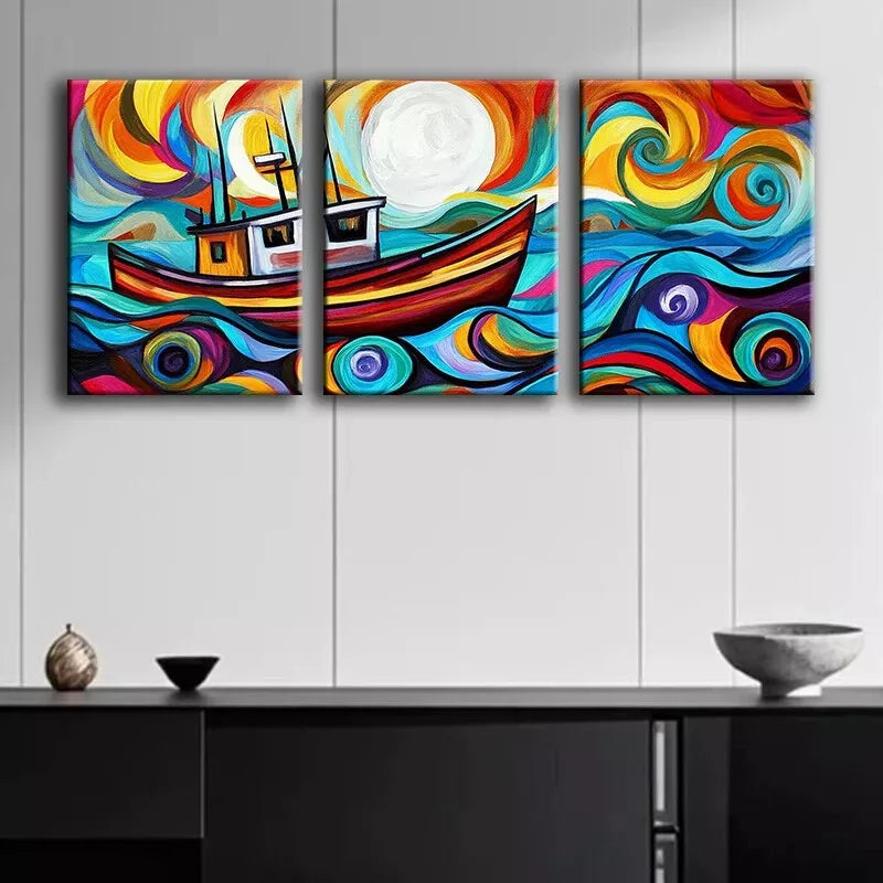 3pcs An Abstract Depiction Of A Fishing Trawler Wall Art Set Canvas Framed 40x60cm - High Quality Print 100% Australian Made Wall Canvas Ready to Hang