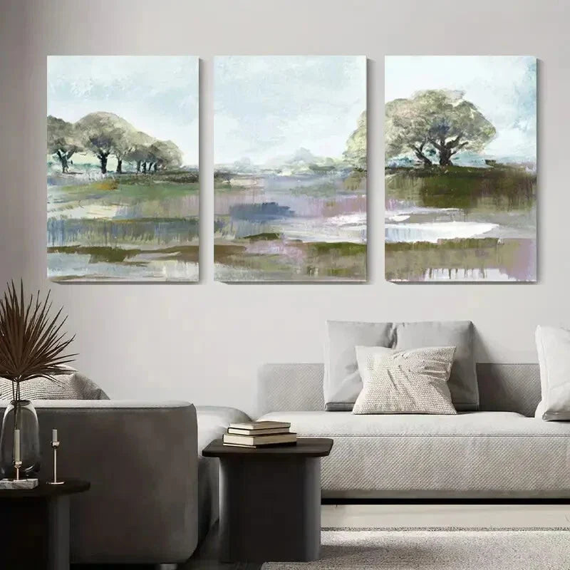 3pcs Soft Pastel Brushstrokes with Trees & Water Metal Print Ready to Hang Art