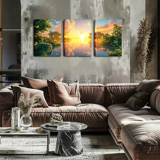 3pcs Oil On Canvas, Lake And Sunrise Wall Art Set Canvas Framed 40x60cm - High Quality Print 100% Australian Made Wall Canvas Ready to Hang
