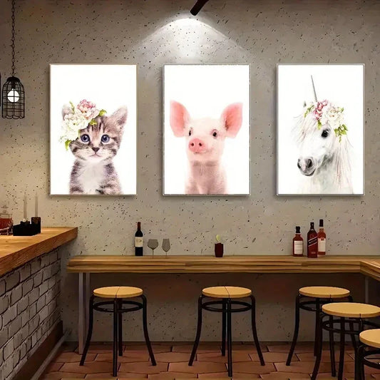 3pcs Pig Unicorn And Cat Poster Cute Animal Art Metal Print Ready to Hang Art