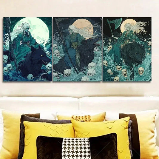 3pcs Gothic Fantasy Art with Moonlit Wolves Wall Art Set Canvas Framed 40x60cm - High Quality Print 100% Australian Made Wall Canvas Ready to Hang