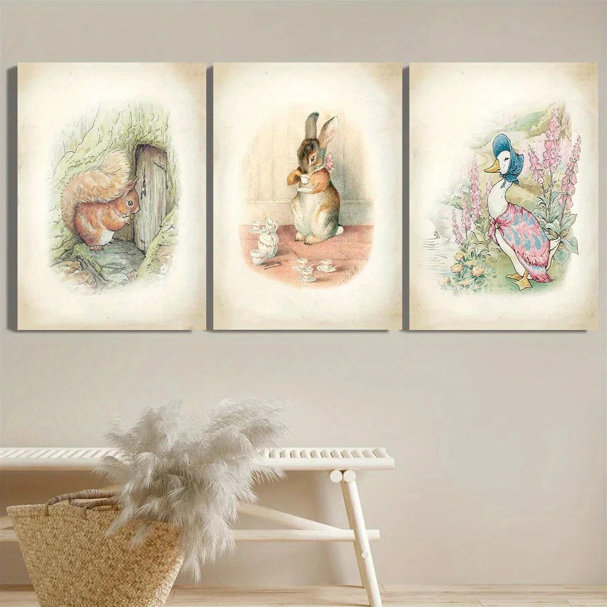 3pcs Squirrel Rabbit Duck Vintage Animal Metal Print Ready to Hang Art