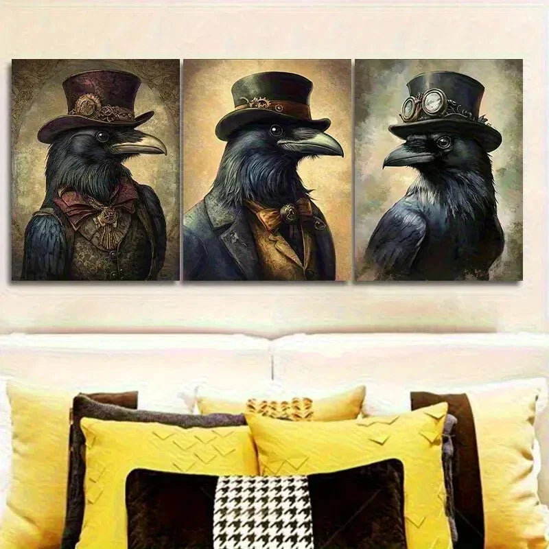 3pcs Steampunk Black Crow Top Luxury Fabric Hat Metal Print Ready to Hang Art