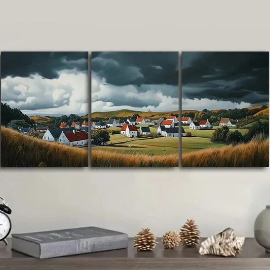 3pcs Rustic Village Red Roofs Art Deco Metal Print Ready to Hang Art