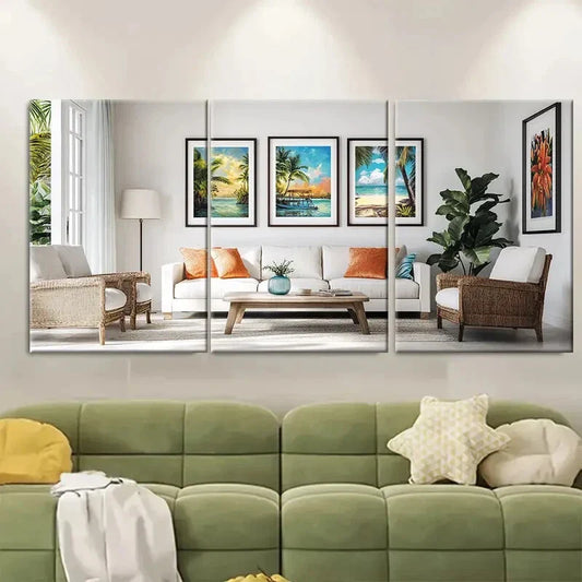 3pcs Vibrant Caribbean Beach Scenes Ocean Palm Trees Print Ready to Hang Art