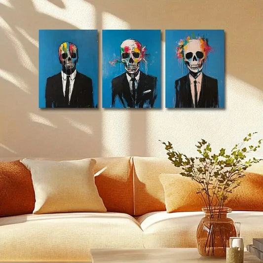 3pcs Stylish Skeleton in Suit with Vibrant Metal Print Ready to Hang Art