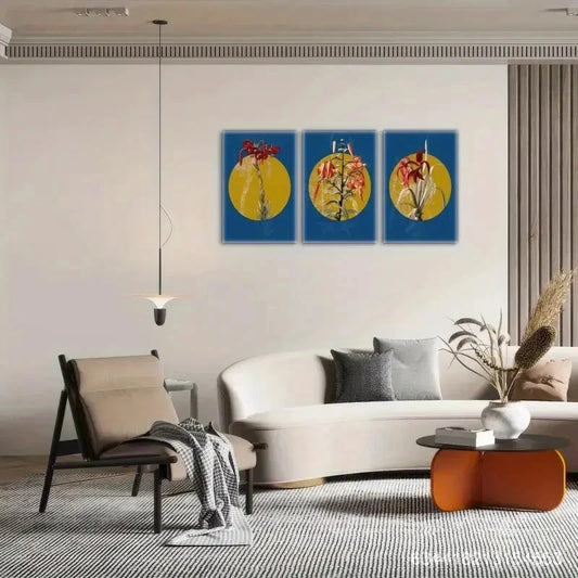 3pcs Red Florals on Blue Background as Poster Metal Print Ready to Hang Art