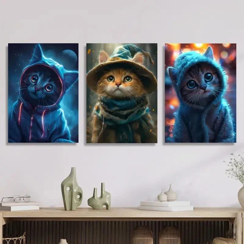 3pcs Cute cat art wearing clothes, cat Metal Print Ready to Hang Art