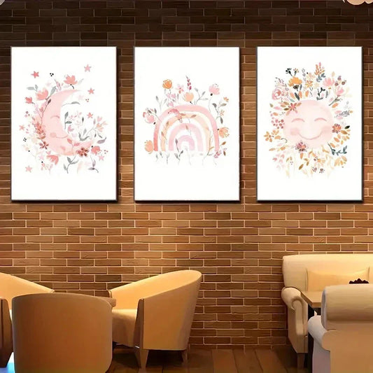 3pcs Sun Moon And Rainbow Minimalistic Poster Metal Print Ready to Hang Art