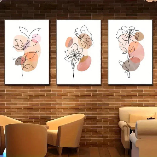 3pcs Featuring Abstract Floral Line Art Metal Print Ready to Hang Art