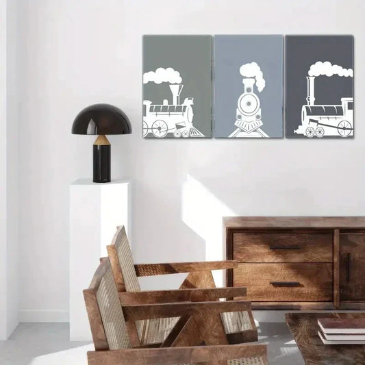 3pcs Aesthetic Steam Trains Pattern Pop Art Metal Print Ready to Hang Art