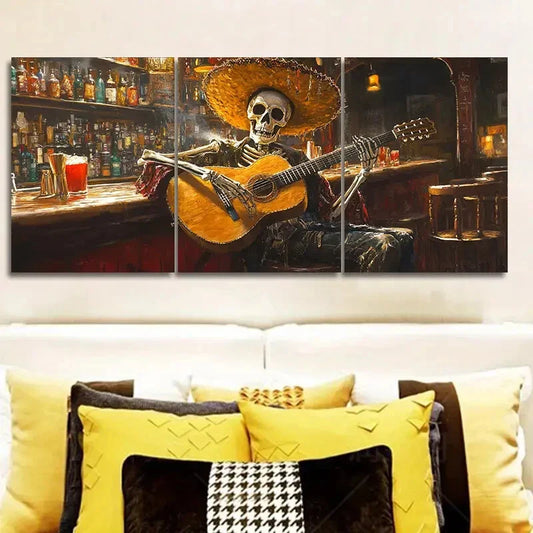 3pcs A skeleton playing guitar in a bar Wall Art Set Canvas Framed 40x60cm - High Quality Print 100% Australian Made Wall Canvas Ready to Hang