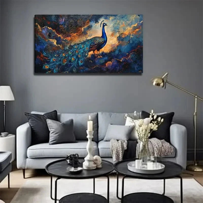 Vibrant Blue & Orange Feathers Wall Art Canvas Office Home Room Framed 80x45cm