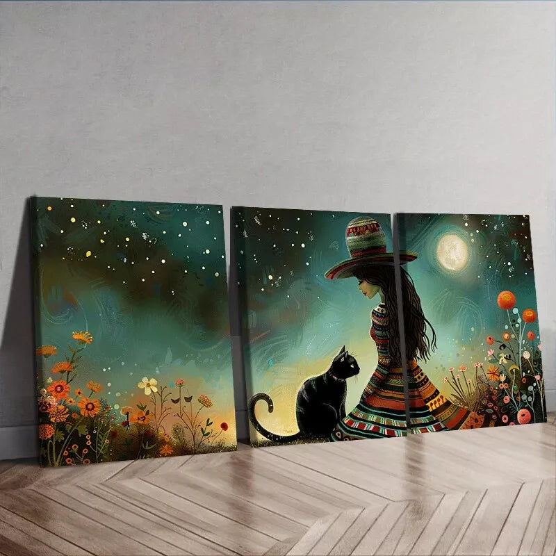 3pcss The Woman Is Next To The Cat Wall Art Set Canvas Framed 40x60cm - High Quality Print 100% Australian Made Wall Canvas Ready to Hang