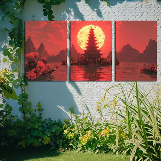 3pcs Pagoda and Moon Canvas Framed 40x60cm - High Quality Print 100% Australian Made Wall Canvas Ready to Hang