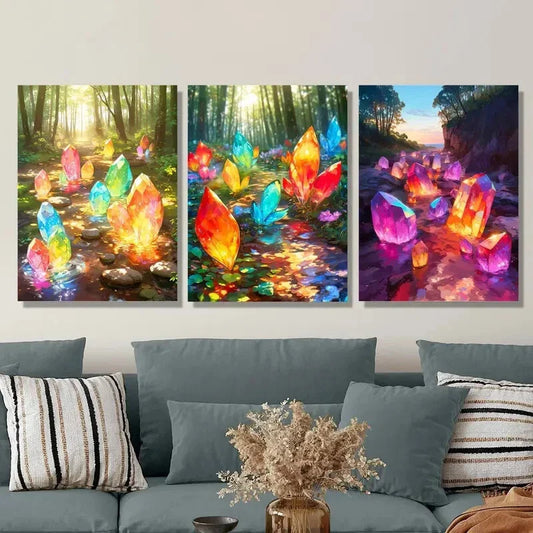 3pcs Colorful magic crystals in the forest Metal Print Ready to Hang Art