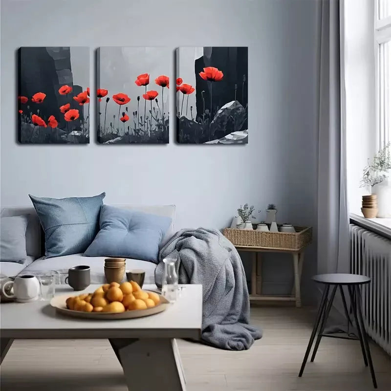 3pcs Red Poppy Triptych Wall Art Set Canvas Framed 40x60cm - High Quality Print 100% Australian Made Wall Canvas Ready to Hang