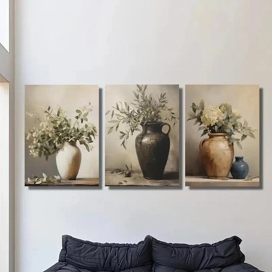 3pcs Vintage Still Life Vase and Branches Metal Print Ready to Hang Art