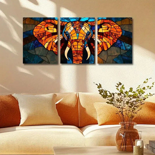 3pcs Vibrant Elephant Stained Glass Style Metal Print Ready to Hang Art