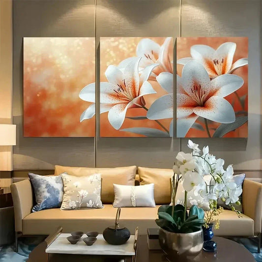 3pcs Vibrant White and Orange Lilies Floral Design Metal Print Ready to Hang Art