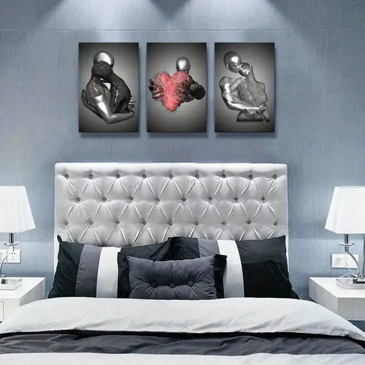 3pcs Sculpture Romantic Couple Hug Abstract Metal Print Ready to Hang Art