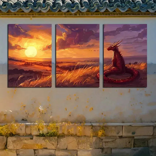 3pcs A Young Dragon Watching The Sunset Canvas Framed 40x60cm - High Quality Print 100% Australian Made Wall Canvas Ready to Hang