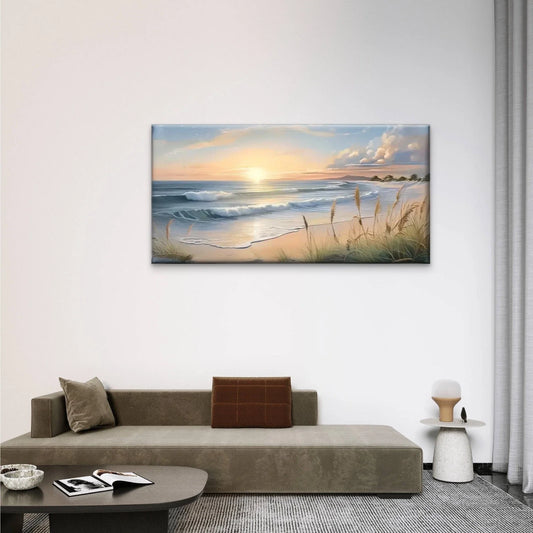 Beach Waves Grass Sunset Wall Art Canvas Office Home Room Framed 80x45cm