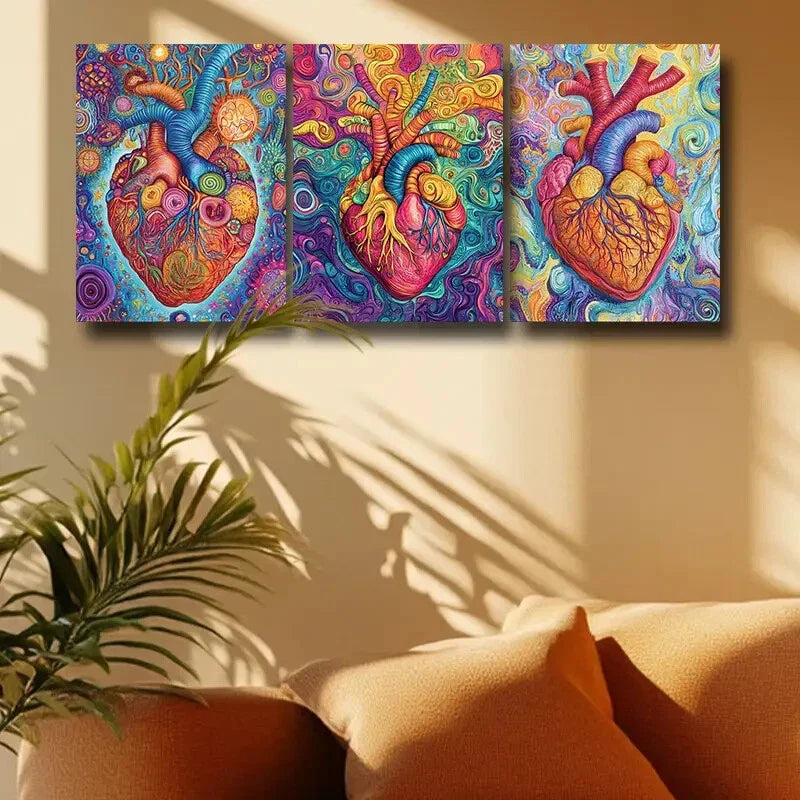 3pcs Featuring The Human Heart Design Metal Print Ready to Hang Art