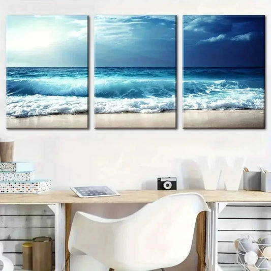 3pcs Ocean Scenery Decor Wave Beach Posters Metal Print Ready to Hang Art