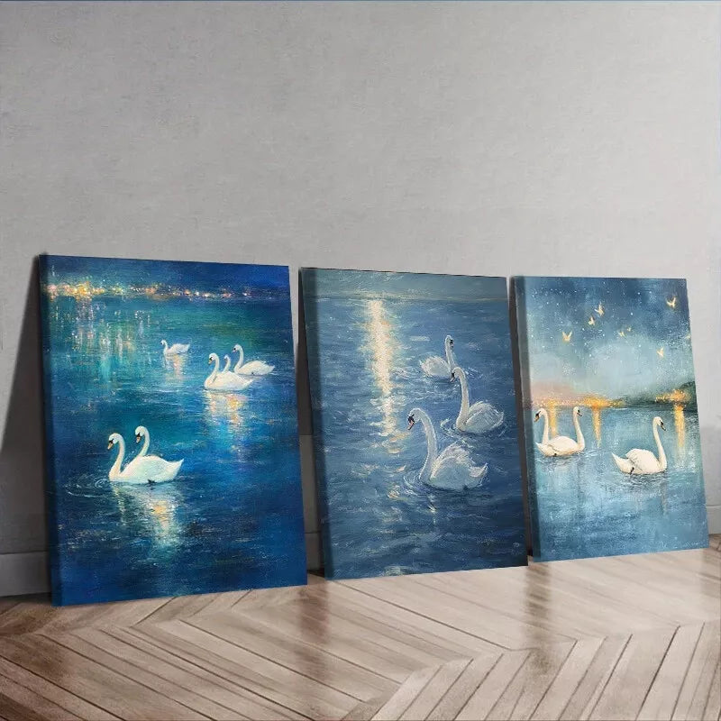 3pcs A Group Of Swans In The Water Wall Art Set Canvas Framed 40x60cm - High Quality Print 100% Australian Made Wall Canvas Ready to Hang