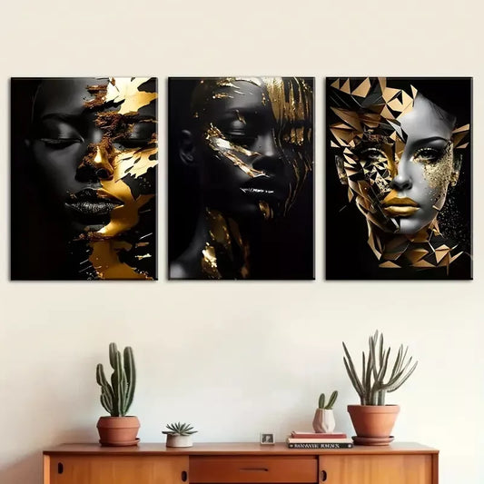 3pcs Abstract Golden Decoration of African Women Wall Art Set Canvas Framed 40x60cm - High Quality Print 100% Australian Made Wall Canvas Ready to Hang