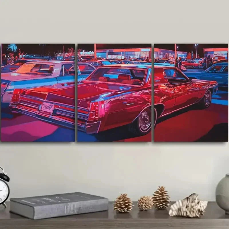 3pcs Vibrant Red & Blue Classic Cars in Night Wall Art Set Canvas Framed 40x60cm - High Quality Print 100% Australian Made Wall Canvas Ready to Hang