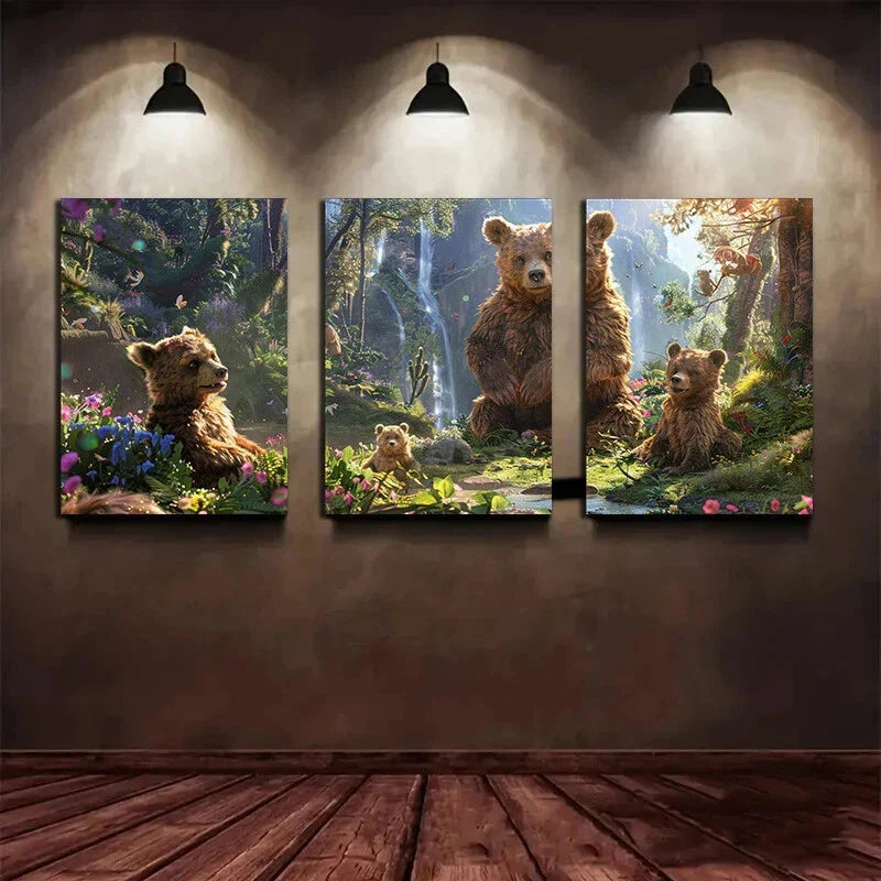 3pcs Creek Bear Nature Forest Metal Print Ready to Hang Art
