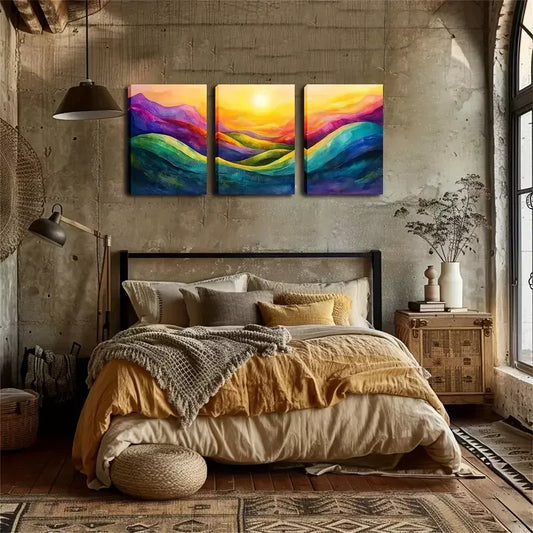 3pcs Abstract Mountain And Sunrise Wall Art Set Canvas Framed 40x60cm - High Quality Print 100% Australian Made Wall Canvas Ready to Hang