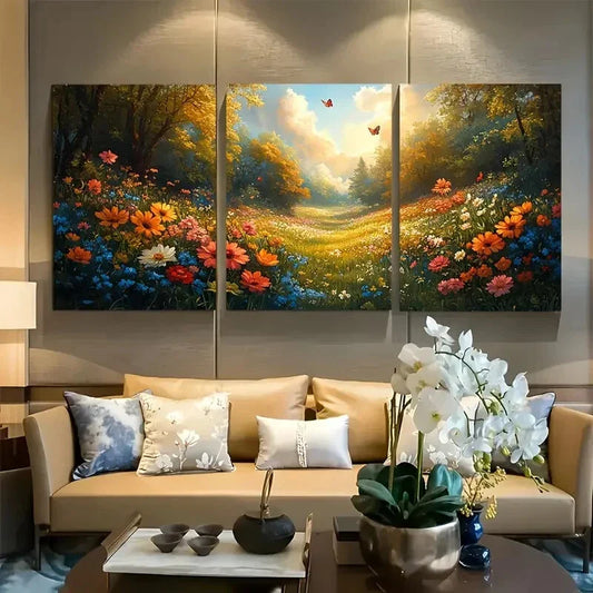3pcs Vibrant Spring Butterflies Blooming Flowers Metal Print Ready to Hang Art