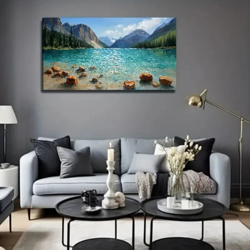 Lake Pine Trees Mountains Wall Art Canvas Office Home Room Framed 80x45cm